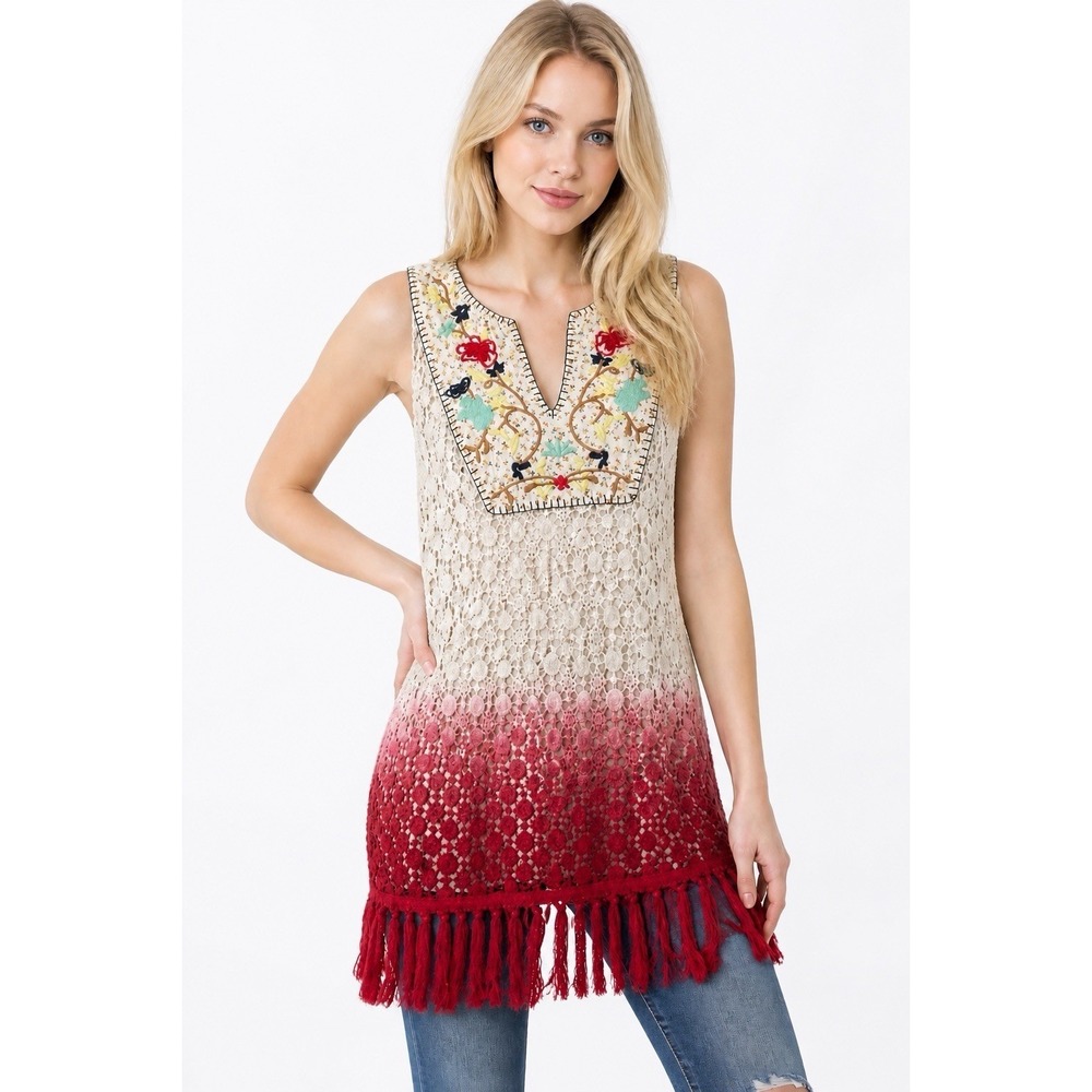 Boho Crochet Lace Tunic Top L Cotton Embroidered Fringe Ombre Floral Hippie Fun